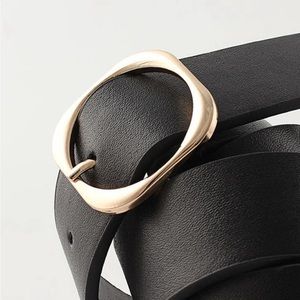 Belt Classic Faux Leather Black Square Metal Buckle Gold Tone Metal Buckle